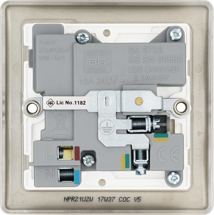BG NPR21UW Nexus Metal Single Socket + 2x USB /White Insert - Pearl Nickel - westbasedirect.com