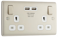 BG NPR22U3W Nexus Metal Double Socket + 2x USB /White Insert - Pearl Nickel