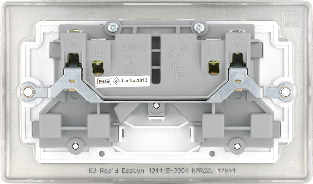 BG NPR22W Nexus Metal Double Socket 13A - White Insert - Pearl Nickel - westbasedirect.com