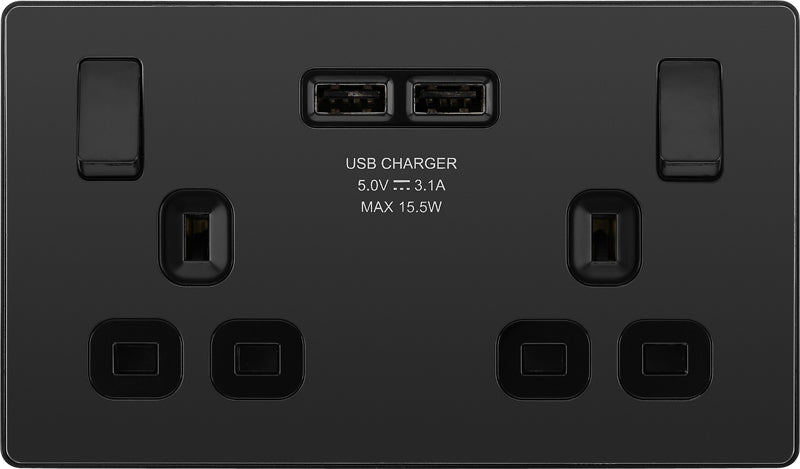 BG Evolve PCDBC22U3B 13A Double Switched Power Socket + 2xUSB(3.1A) - Black Chrome (Black) (5 Pack) - westbasedirect.com