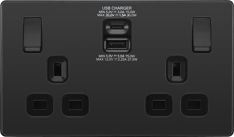 BG Evolve PCDBC22UAC30B 13A Double Switched Power Socket + USB C 30W + USB A(3.1A) - Black Chrome (Black) - westbasedirect.com