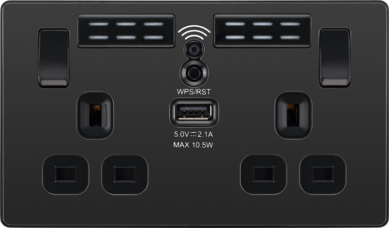 BG Evolve PCDBC22UWRB 13A Double Switched Power Socket + WiFi Extender + 1xUSB(2.1A) - Black Chrome (Black) - westbasedirect.com