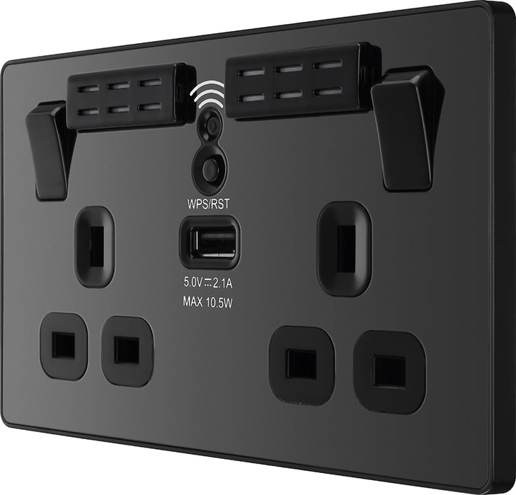 BG Evolve PCDBC22UWRB 13A Double Switched Power Socket + WiFi Extender + 1xUSB(2.1A) - Black Chrome (Black) - westbasedirect.com