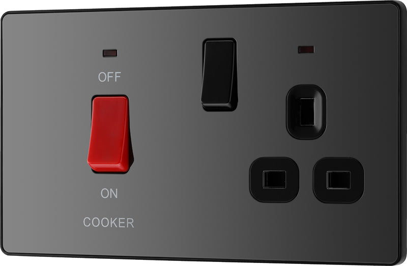 BG Evolve PCDBC70B 45A Cooker Control Socket, Double Pole Switch with LED Power Indicator - Black Chrome (Black) - westbasedirect.com