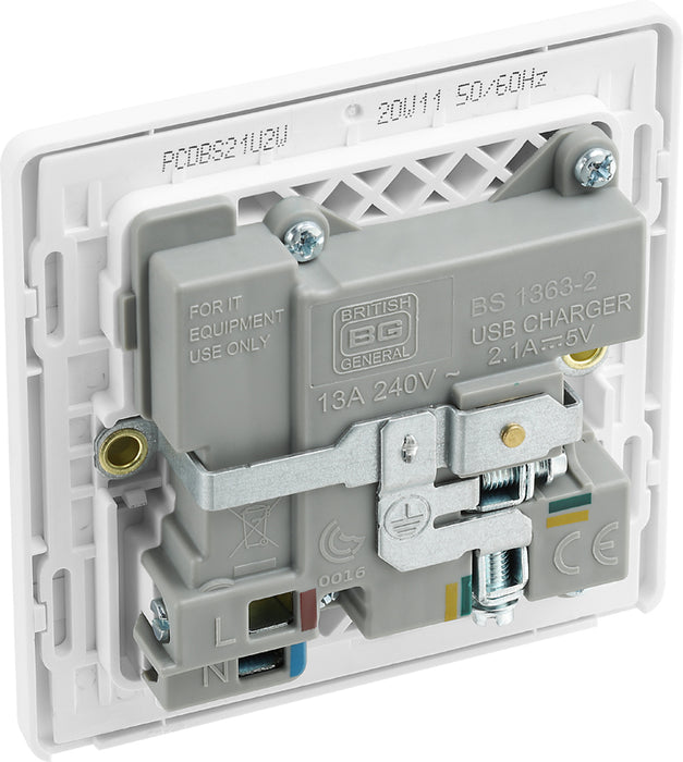 BG Evolve PCDBS21U2W 13A Single Switched Power Socket + 2xUSB(2.1A) - Brushed Steel (White) - westbasedirect.com