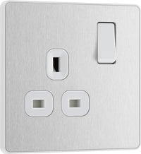 BG Evolve PCDBS21W 13A Single Switched Power Socket - Brushed Steel (White)