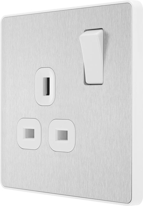 BG Evolve PCDBS21W 13A Single Switched Power Socket - Brushed Steel (White) - westbasedirect.com