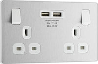 BG Evolve PCDBS22U3W 13A Double Switched Power Socket + 2xUSB(3.1A) - Brushed Steel (White)