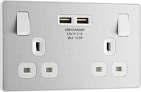 BG Evolve PCDBS22U3Wx5 13A Double Switched Power Socket + 2xUSB(3.1A) - Brushed Steel (White) (5 Pack)