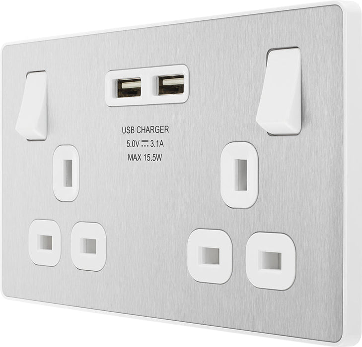 BG Evolve PCDBS22U3W 13A Double Switched Power Socket + 2xUSB(3.1A) - Brushed Steel (White) (5 Pack) - westbasedirect.com