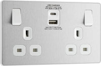 BG Evolve PCDBS22UAC30W 13A Double Switched Power Socket + USB C 30W + USB A(3.1A) - Brushed Steel (White)