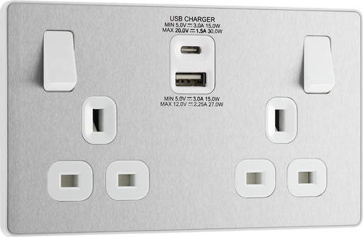 BG Evolve PCDBS22UAC30W 13A Double Switched Power Socket + USB C 30W + USB A(3.1A) - Brushed Steel (White) - westbasedirect.com