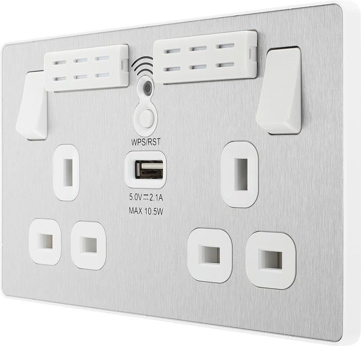 BG Evolve PCDBS22UWRW 13A Double Switched Power Socket + WiFi Extender + 1xUSB(2.1A) - Brushed Steel (White) - westbasedirect.com