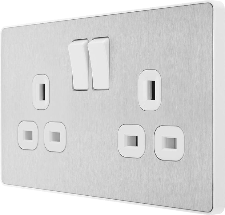 BG Evolve PCDBS22W 13A Double Switched Power Socket - Brushed Steel (White) (5 Pack) - westbasedirect.com