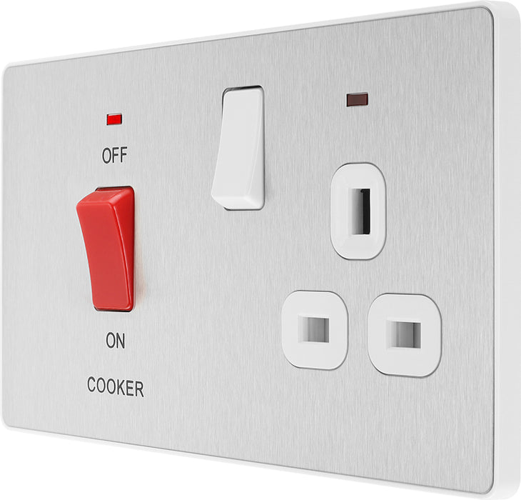 BG Evolve PCDBS70W 45A Cooker Control Socket, Double Pole Switch with LED Power Indicator - Brushed Steel (White) - westbasedirect.com