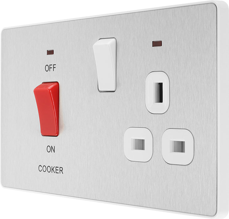 BG Evolve PCDBS70W 45A Cooker Control Socket, Double Pole Switch with LED Power Indicator - Brushed Steel (White) - westbasedirect.com