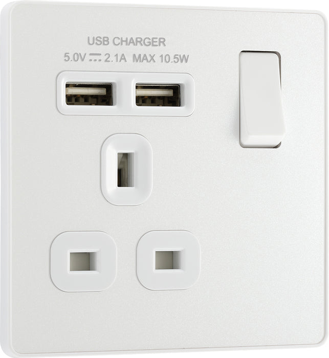 BG Evolve PCDCL21U2W 13A Single Switched Power Socket + 2xUSB(2.1A) - Pearlescent White (White) - westbasedirect.com
