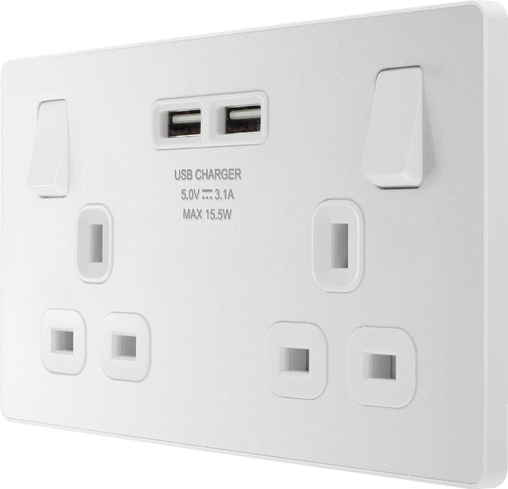 BG Evolve PCDCL22U3W 13A Double Switched Power Socket + 2xUSB(3.1A) - Pearlescent White (White) (5 Pack) - westbasedirect.com