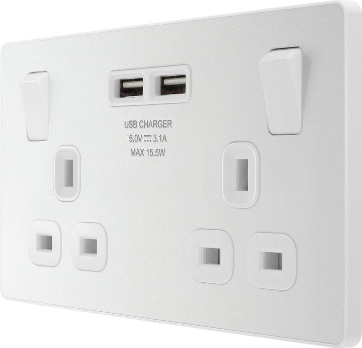 BG Evolve PCDCL22U3W 13A Double Switched Power Socket + 2xUSB(3.1A) - Pearlescent White (White) (5 Pack) - westbasedirect.com