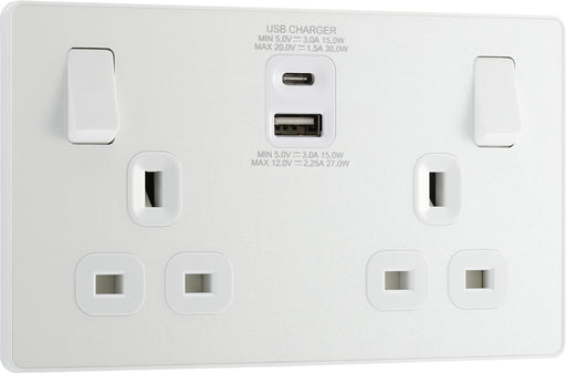 BG Evolve PCDCL22UAC30W 13A Double Switched Power Socket + USB C 30W + USB A(3.1A) - Pearlescent White (White) - westbasedirect.com