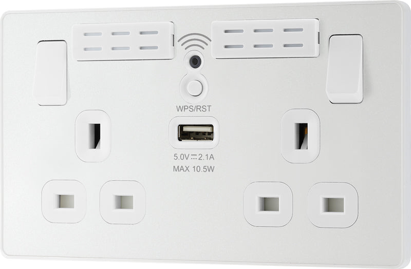 BG Evolve PCDCL22UWRW 13A Double Switched Power Socket + WiFi Extender + 1xUSB(2.1A) - Pearlescent White (White) - westbasedirect.com