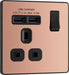 BG Evolve PCDCP21U2B 13A Single Switched Power Socket + 2xUSB(2.1A) - Polished Copper (Black) - westbasedirect.com