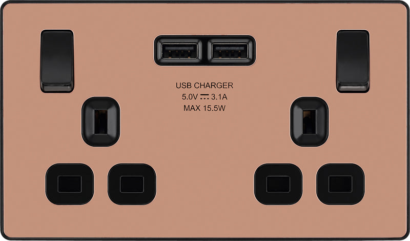BG Evolve PCDCP22U3B 13A Double Switched Power Socket + 2xUSB(3.1A) - Polished Copper (Black) (5 Pack) - westbasedirect.com