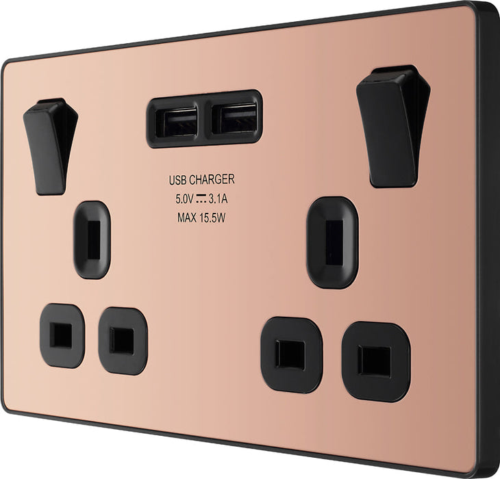 BG Evolve PCDCP22U3B 13A Double Switched Power Socket + 2xUSB(3.1A) - Polished Copper (Black) (5 Pack) - westbasedirect.com