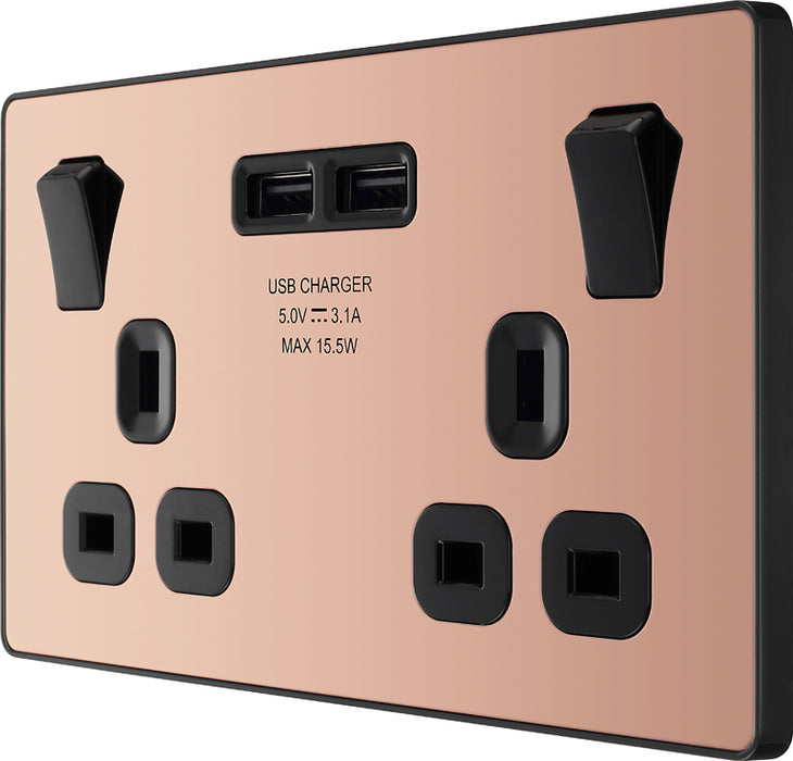 BG Evolve PCDCP22U3B 13A Double Switched Power Socket + 2xUSB(3.1A) - Polished Copper (Black) - westbasedirect.com