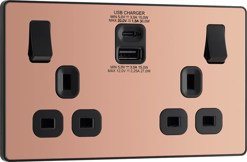 BG Evolve PCDCP22UAC30B 13A Double Switched Power Socket + USB C 30W + USB A(3.1A) - Polished Copper (Black) - westbasedirect.com