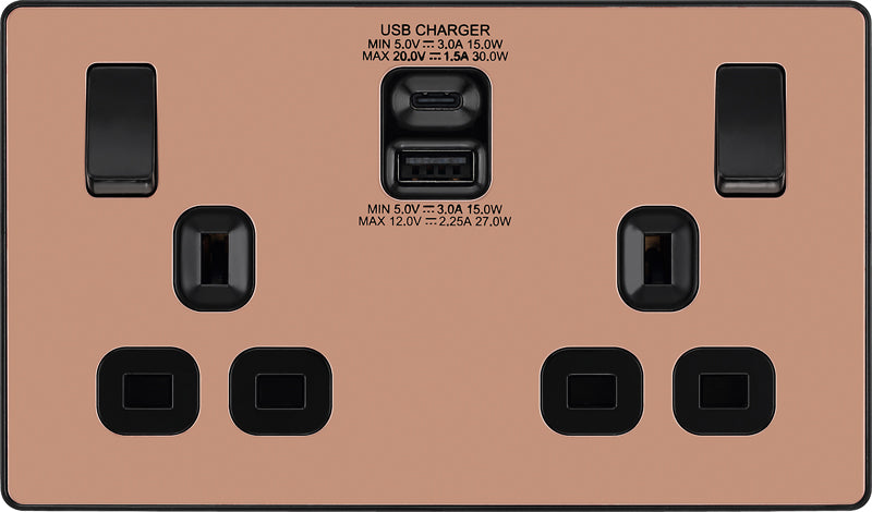 BG Evolve PCDCP22UAC30B 13A Double Switched Power Socket + USB C 30W + USB A(3.1A) - Polished Copper (Black) - westbasedirect.com