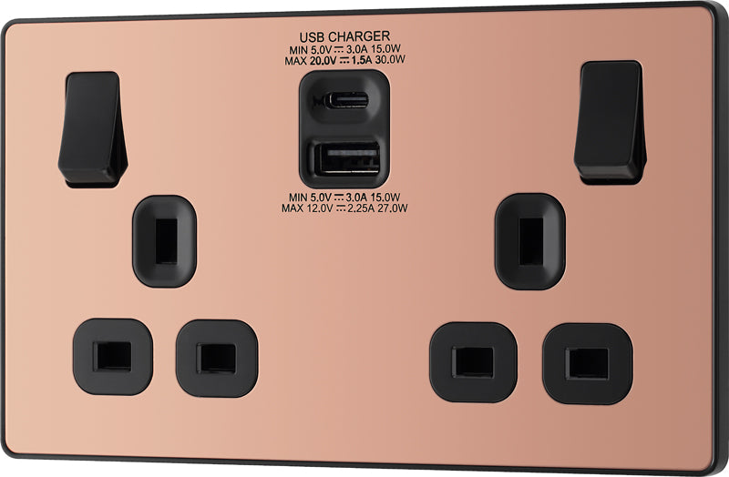 BG Evolve PCDCP22UAC30B 13A Double Switched Power Socket + USB C 30W + USB A(3.1A) - Polished Copper (Black) - westbasedirect.com