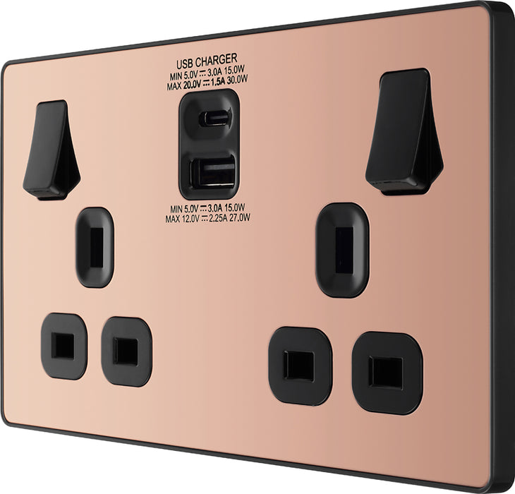 BG Evolve PCDCP22UAC30B 13A Double Switched Power Socket + USB C 30W + USB A(3.1A) - Polished Copper (Black) - westbasedirect.com