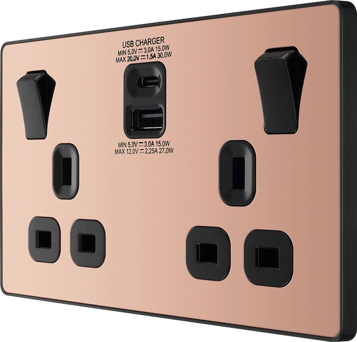 BG Evolve PCDCP22UAC30B 13A Double Switched Power Socket + USB C 30W + USB A(3.1A) - Polished Copper (Black) - westbasedirect.com