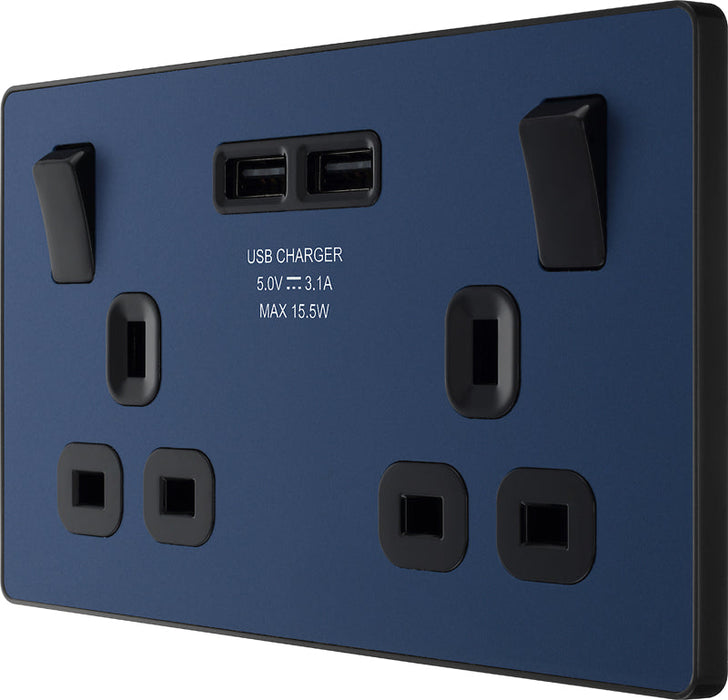 BG Evolve PCDDB22U3B 13A Double Switched Power Socket + 2xUSB(3.1A) - Matt Blue (Black) (5 Pack) - westbasedirect.com