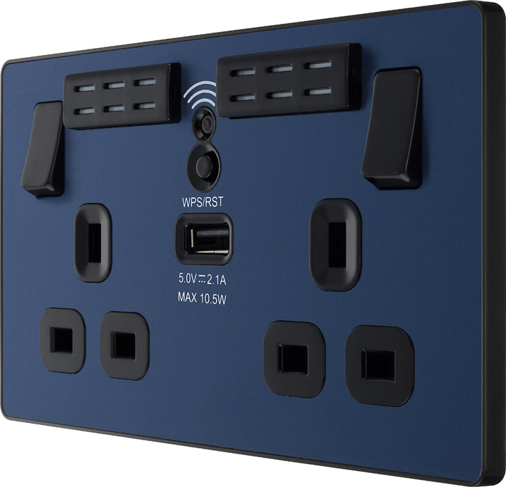 BG Evolve PCDDB22UWRB 13A Double Switched Power Socket + WiFi Extender + 1xUSB(2.1A) - Matt Blue (Black) - westbasedirect.com