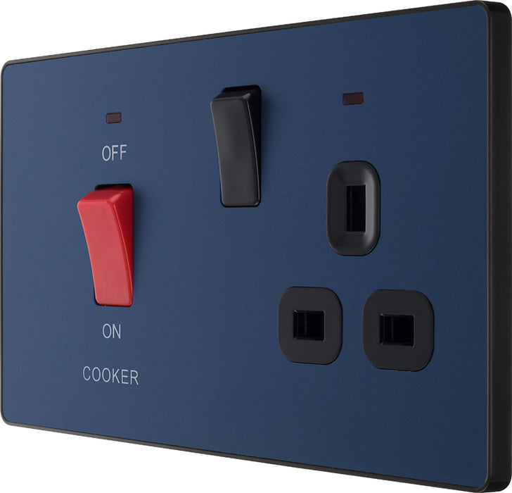BG Evolve PCDDB70B 45A Cooker Control Socket, Double Pole Switch with LED Power Indicator - Matt Blue (Black) - westbasedirect.com
