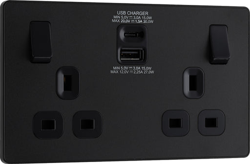 BG Evolve PCDMB22UAC30B 13A Double Switched Power Socket + USB C 30W + USB A(3.1A) - Matt Black (Black) - westbasedirect.com