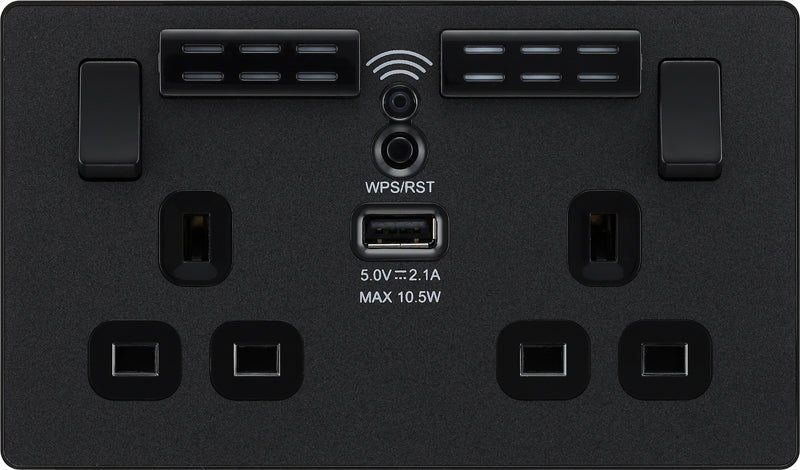BG Evolve PCDMB22UWRB 13A Double Switched Power Socket + WiFi Extender + 1xUSB(2.1A) - Matt Black (Black) - westbasedirect.com