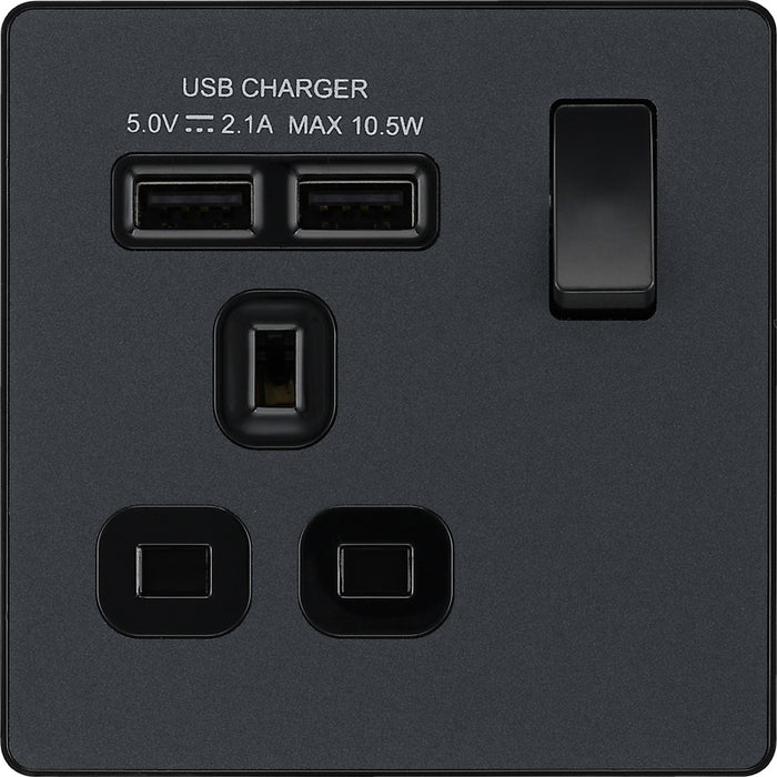 BG Evolve PCDMG21U2B 13A Single Switched Power Socket + 2xUSB(2.1A) - Matt Grey (Black) - westbasedirect.com