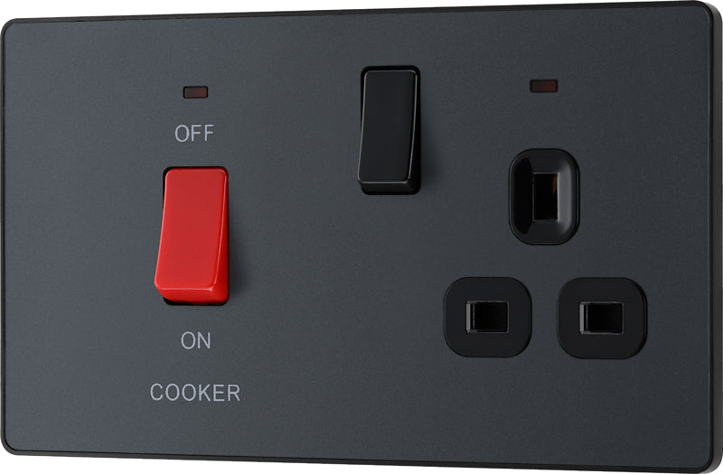 BG Evolve PCDMG70B 45A Cooker Control Socket, Double Pole Switch with LED Power Indicator - Matt Grey (Black) - westbasedirect.com