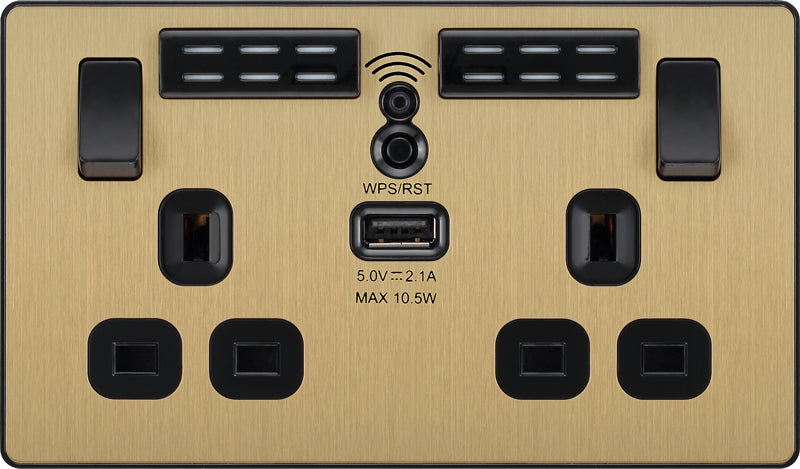 BG Evolve PCDSB22UWRB 13A Double Switched Power Socket + WiFi Extender + 1xUSB(2.1A) - Satin Brass (Black) - westbasedirect.com