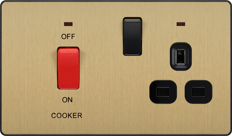 BG Evolve PCDSB70B 45A Cooker Control Socket, Double Pole Switch with LED Power Indicator - Satin Brass (Black) - westbasedirect.com