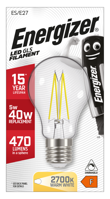 Energizer 4.8W 470lm E27 ES GLS Filament LED Bulb Warm White 2700K Dimmable - westbasedirect.com