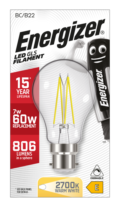 Energizer 7.2W 806lm B22 BC GLS Filament LED Bulb Warm White 2700K Dimmable - westbasedirect.com