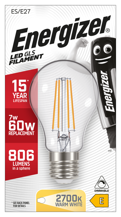 Energizer 7.2W 806lm E27 ES GLS Filament LED Bulb Warm White 2700K Dimmable - westbasedirect.com