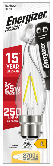 Energizer 2.3W 250lm B22 BC Bent Tip Candle Filament LED Bulb Warm White 2700K - westbasedirect.com