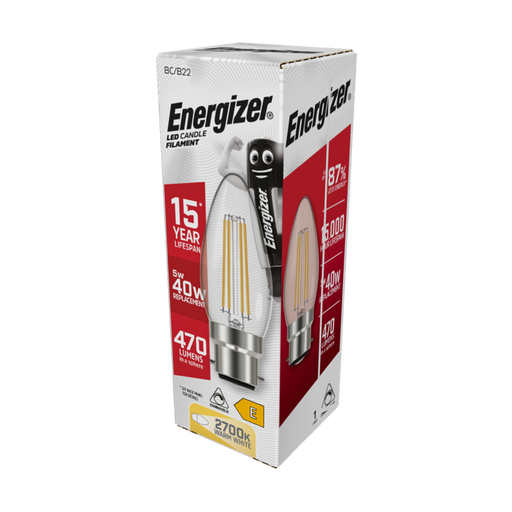 Energizer 4.8W 470lm B22 BC Candle Filament LED Bulb Warm White 2700K Dimmable - westbasedirect.com