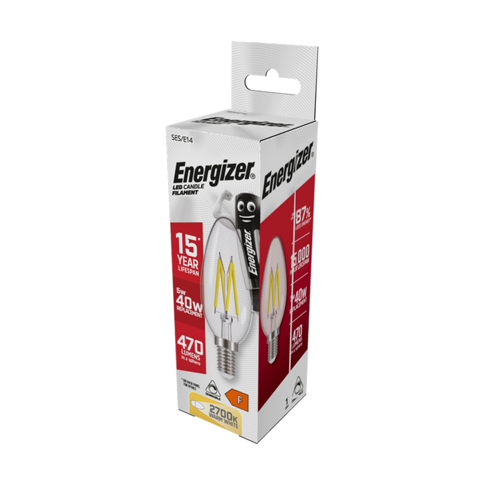 Energizer 4.8W 470lm E14 SES Candle Filament LED Bulb Warm White 2700K Dimmable - westbasedirect.com