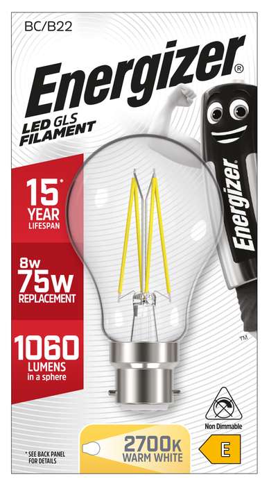 Energizer 8W 1060lm B22 BC GLS Filament LED Bulb Warm White 2700K - westbasedirect.com